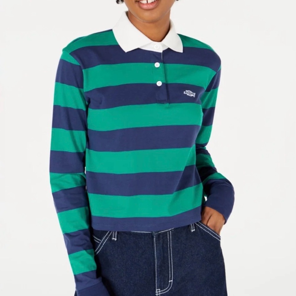 Striped Green and Blue Cropped Rugby Shirt